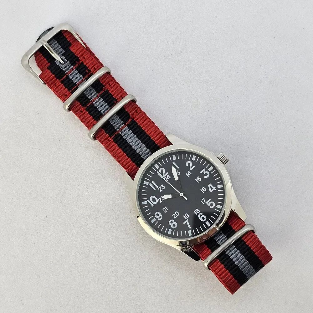 Men's Field Military Watch 42MM Black Dial Red Black Gray‎ Canvas Band Strap